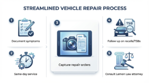 Five-step infographic showing a step-by-step repair and legal process with icons and short labels: document symptoms, same-day service, capture repair orders, follow up on recalls/TSBs, consult Lemon Law attorney. Clean white background with brand blue accents and clear numbered steps for quick scanning.
