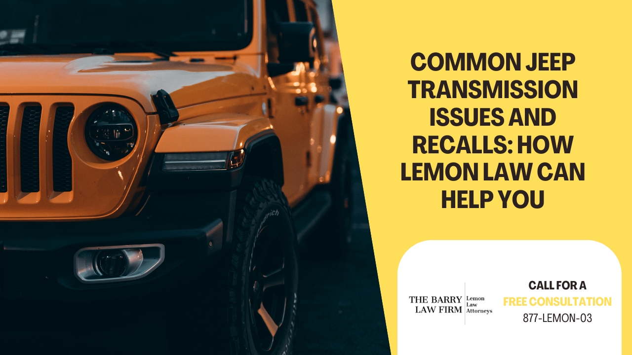 Jeep wrangler with title text stating jeep transmission issues and recalls