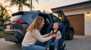 Parent buckling a child into a hybrid SUV