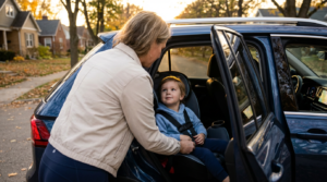Parent buckling a child into an SUV
