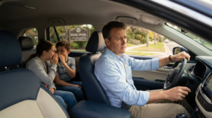 concerned parent checking their dashboard in an SUV