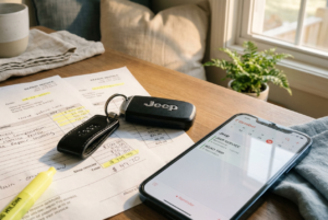jeep key fob on top of repair orders for a vehicle on the kitchen table