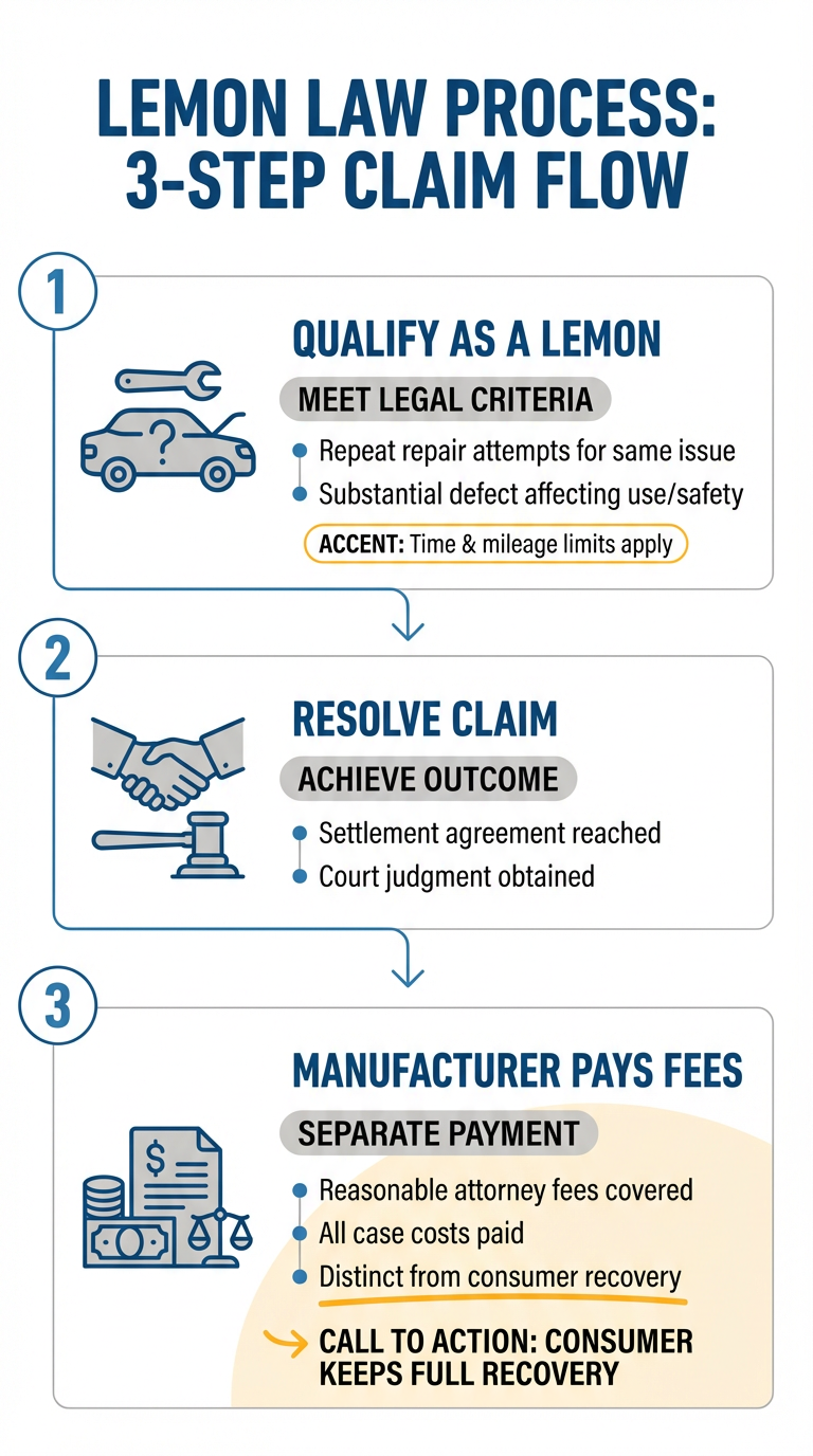 A 3 step Infographic depictive how to complete a lemon law claim