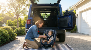 A parent buckling a child into a child seat in front of a jeep
