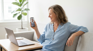 reassured parent video calling an attorney from their home office
