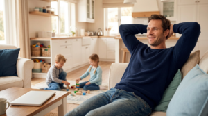 relieved parent closing laptop in a bright kitchen in front of his children