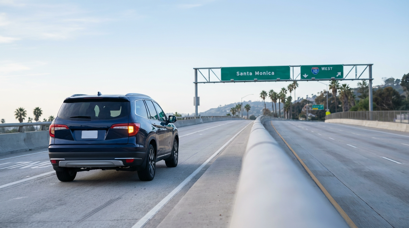 an SUV merging on the california freeway overpass
