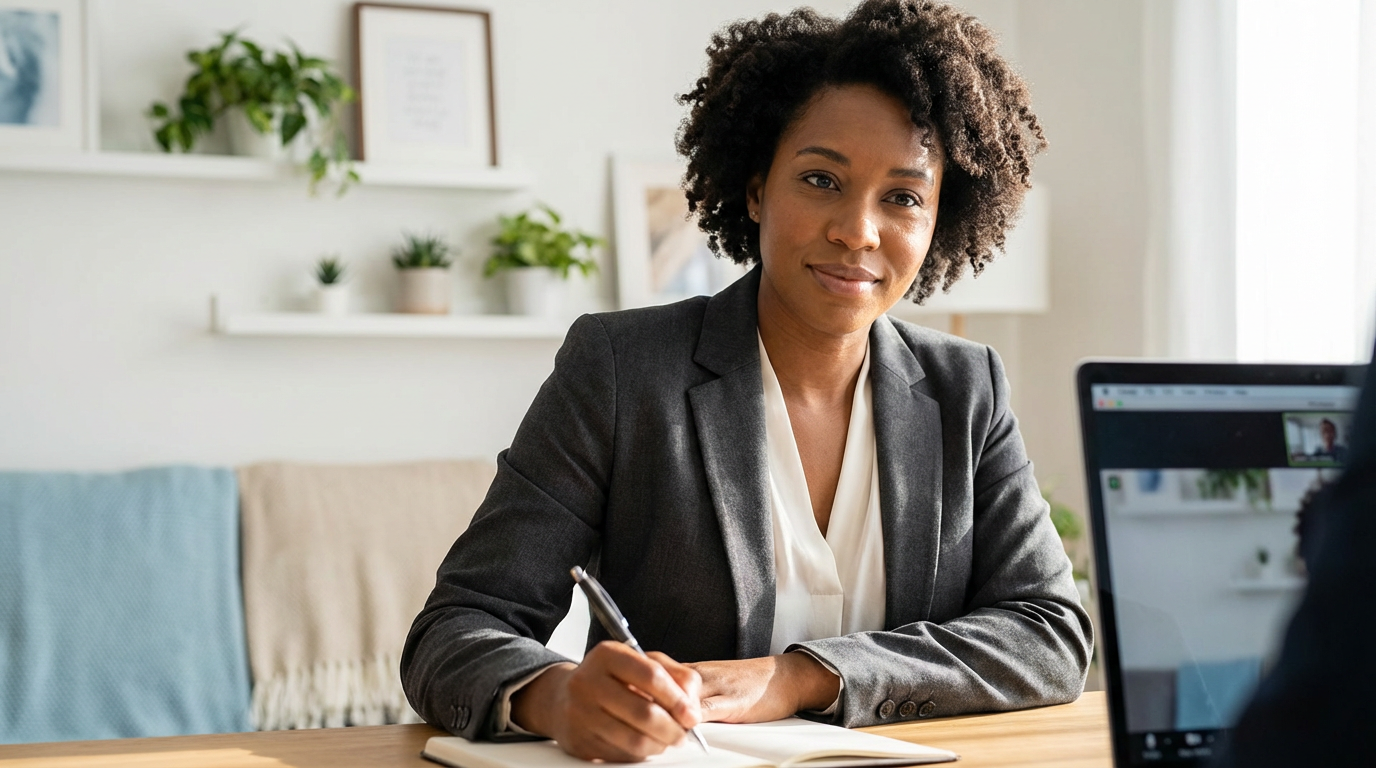 a calm legal professional during a video call in a home office