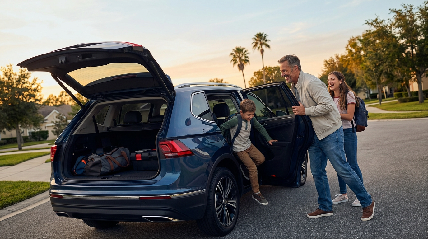family getting into an suv at sunset