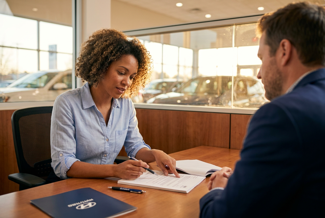 client reviewing finance documents at a dealership desk