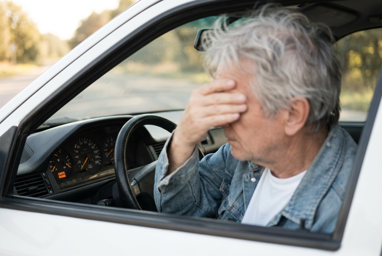 A driver looking at the check engine light on his dashboard 