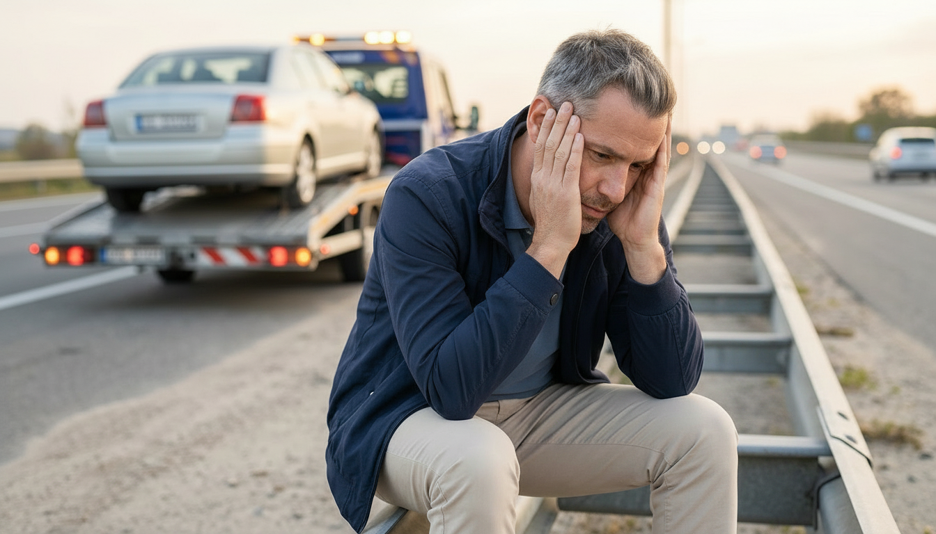 man watching as his car is towed on the highway