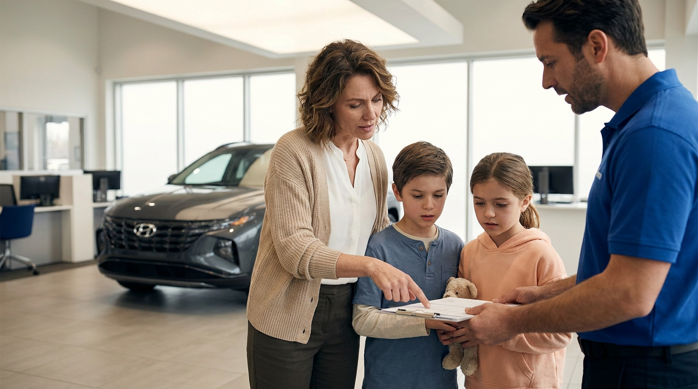 a family reviewing repair paperwork at a dealership