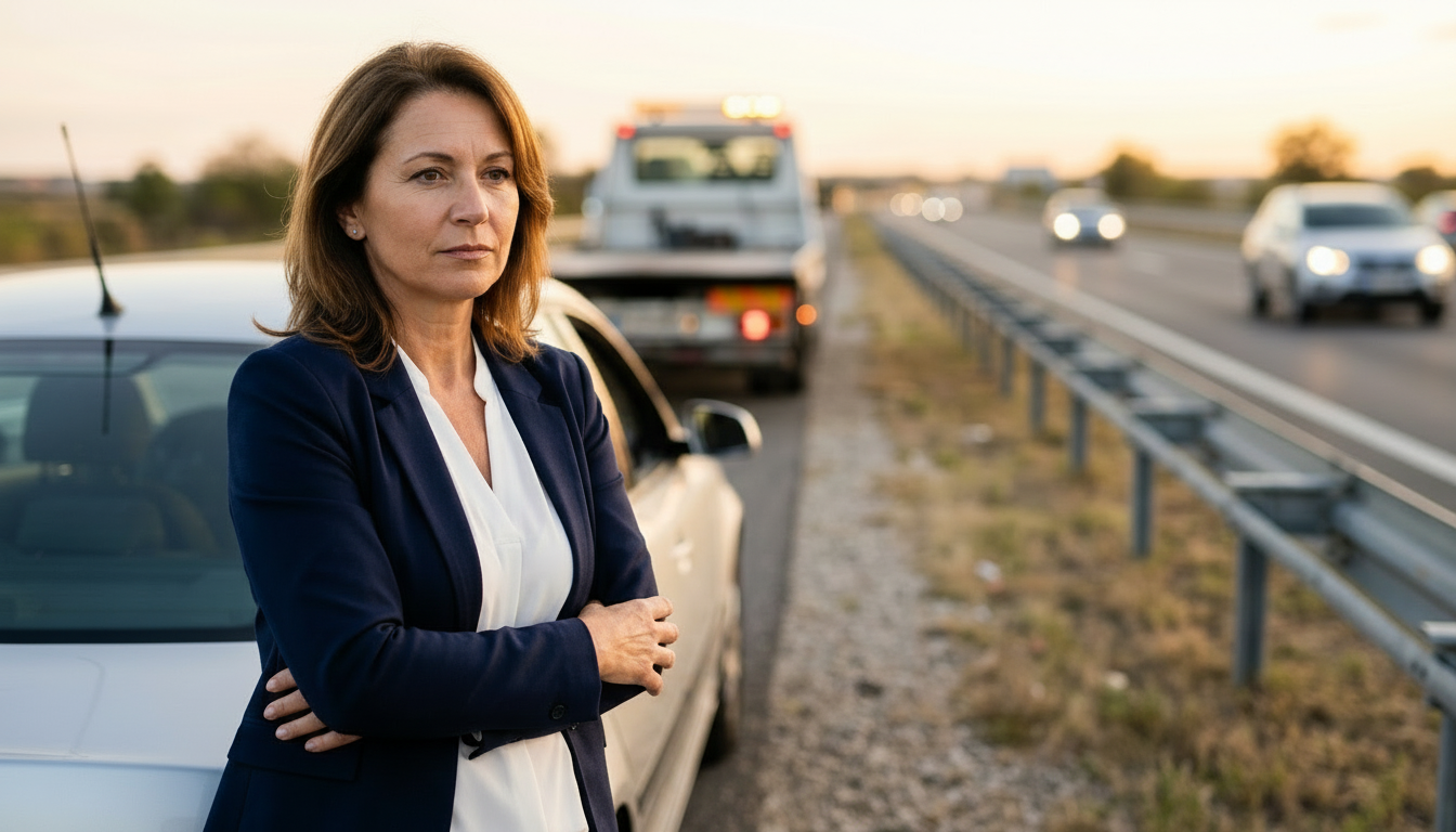 woman waiting roadside for a tow truck on the highway