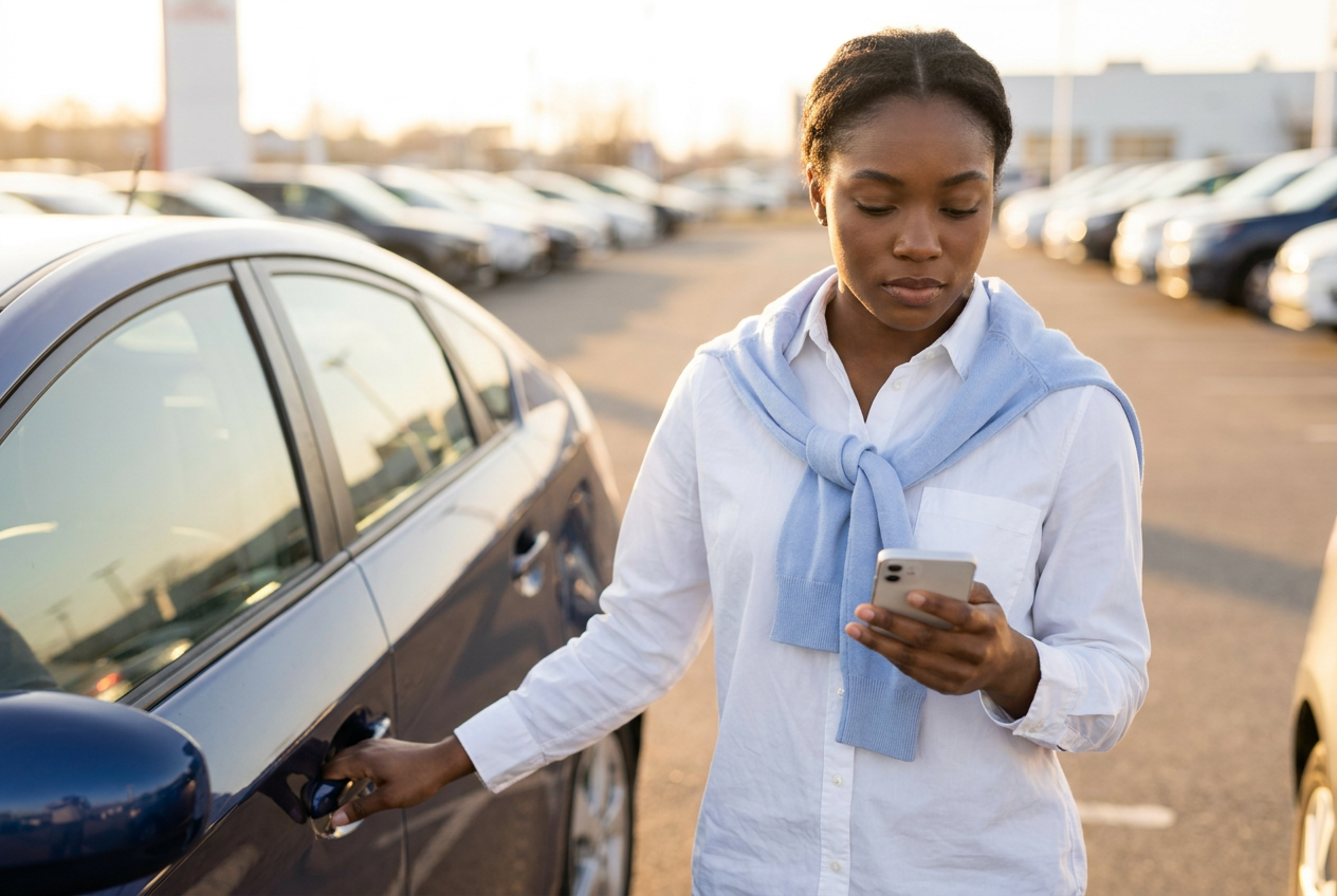 young professional with a hybrid vehicle checking her phone